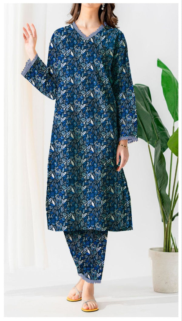 Khaddar Collection - Digital Printed Blue Khaddar - 2 Piece Allover - Elegance by AE - Unstitched - ERN12