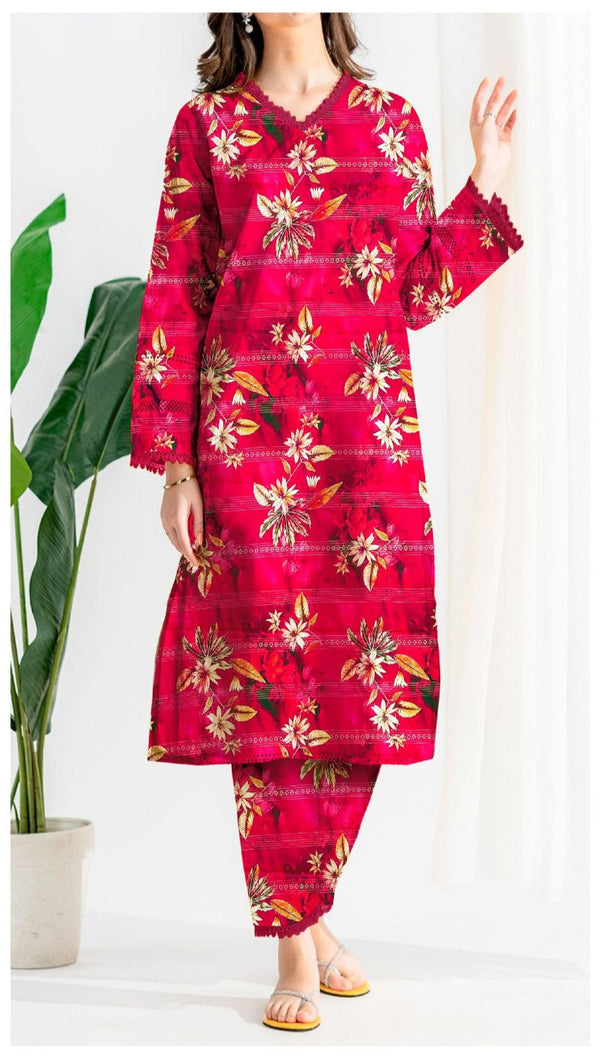 Khaddar Collection - Digital Printed Red Khaddar - 2 Piece Allover - Elegance by AE - Unstitched - ERN14