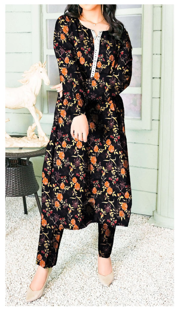 Khaddar Collection - Digital Printed Black Khaddar - 2 Piece Allover - Elegance by AE - Unstitched - ERN02