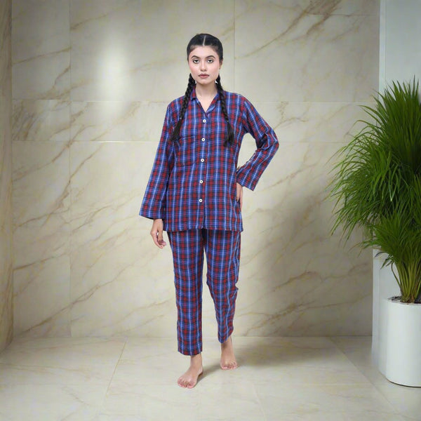 Fleece - Winter Collection - Night Suit - 2 Piece - Blue Check