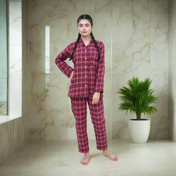 Fleece - Winter Collection - Night Suit - 2 Piece - Pink Check